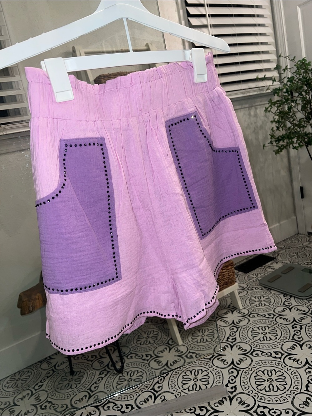 Light Pink Cotton Blend Short with Purple Patch Pockets